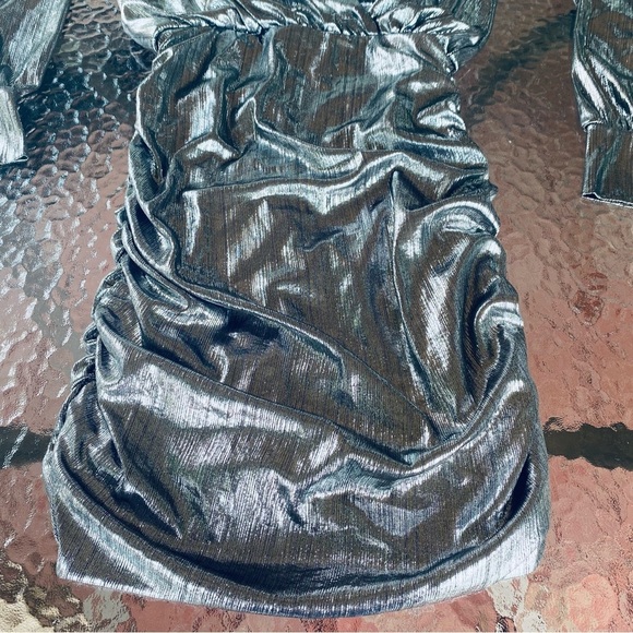 Nasty Gal Silver Metallic Stretchy Tight Ruched Taylor Swift New Years Mcbling - Picture 2 of 12